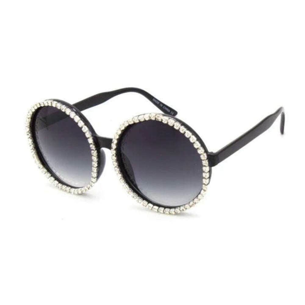 RHINESTONE SUNGLASSES OVERSIZED 2.5” DIAMETER BLACK LENS SILVER PLASTIC FRAME